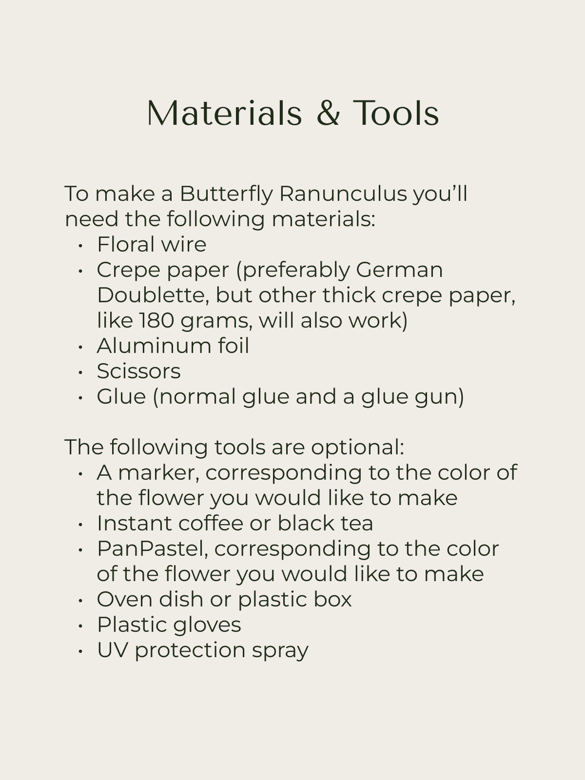 Two lists of materials for the paper Butterfly Ranunculus tutorial: one list with required tools and materials and one list with optional tools and materials.