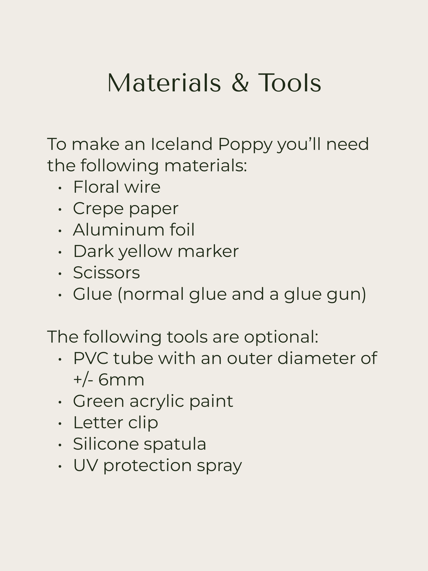 Two lists of materials for the paper Iceland Poppy tutorial: one list with required tools and materials and one list with optional tools and materials.