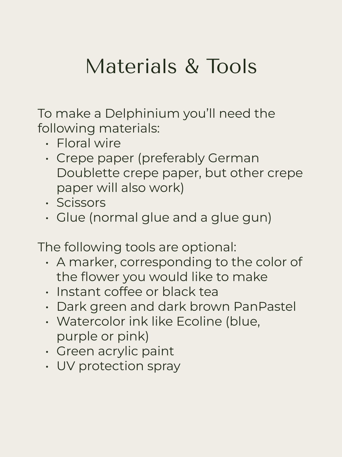 Two lists of materials for the paper Delphinium tutorial: one list with required tools and materials and one list with optional tools and materials.