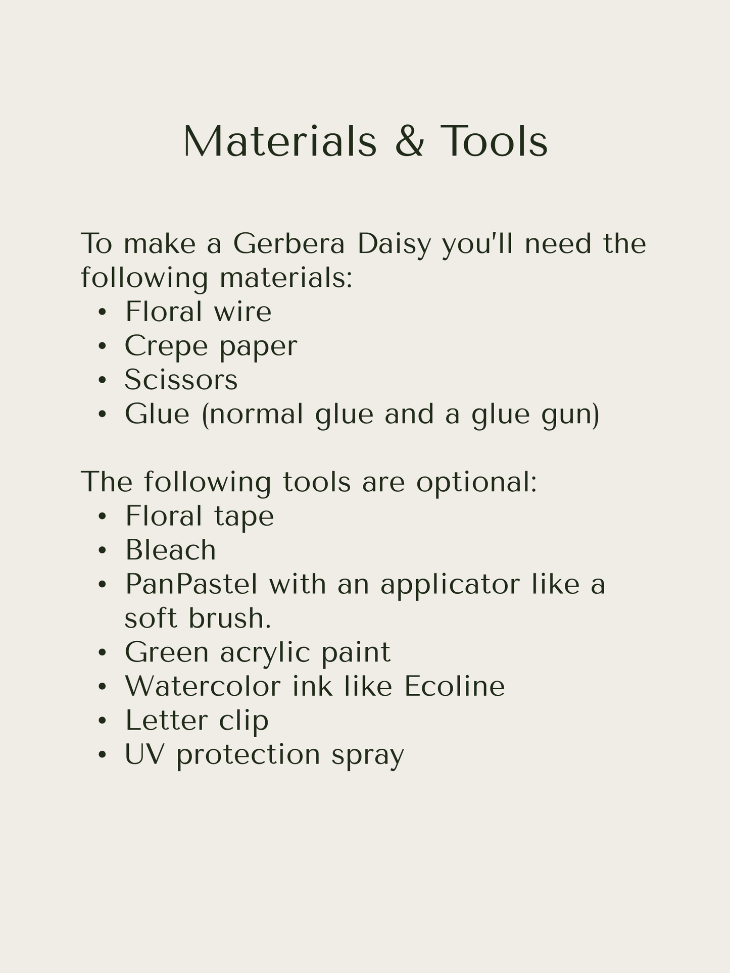 Two lists of materials for the paper Gerbera Daisy tutorial: one list with required tools and materials and one list with optional tools and materials.