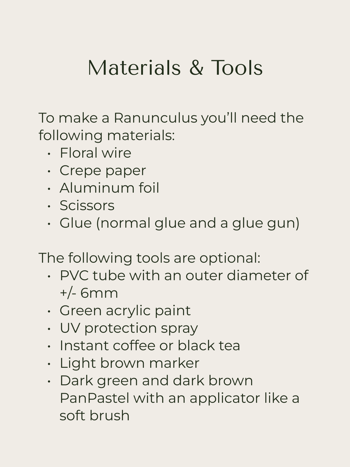 Two lists of materials for the paper Ranunculus tutorial: one list with required tools and materials and one list with optional tools and materials.