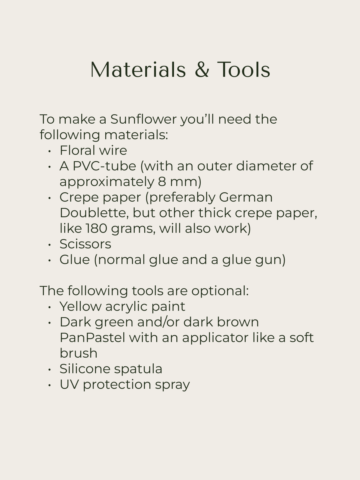 Two lists of materials for the paper Sunflower tutorial: one list with required tools and materials and one list with optional tools and materials.