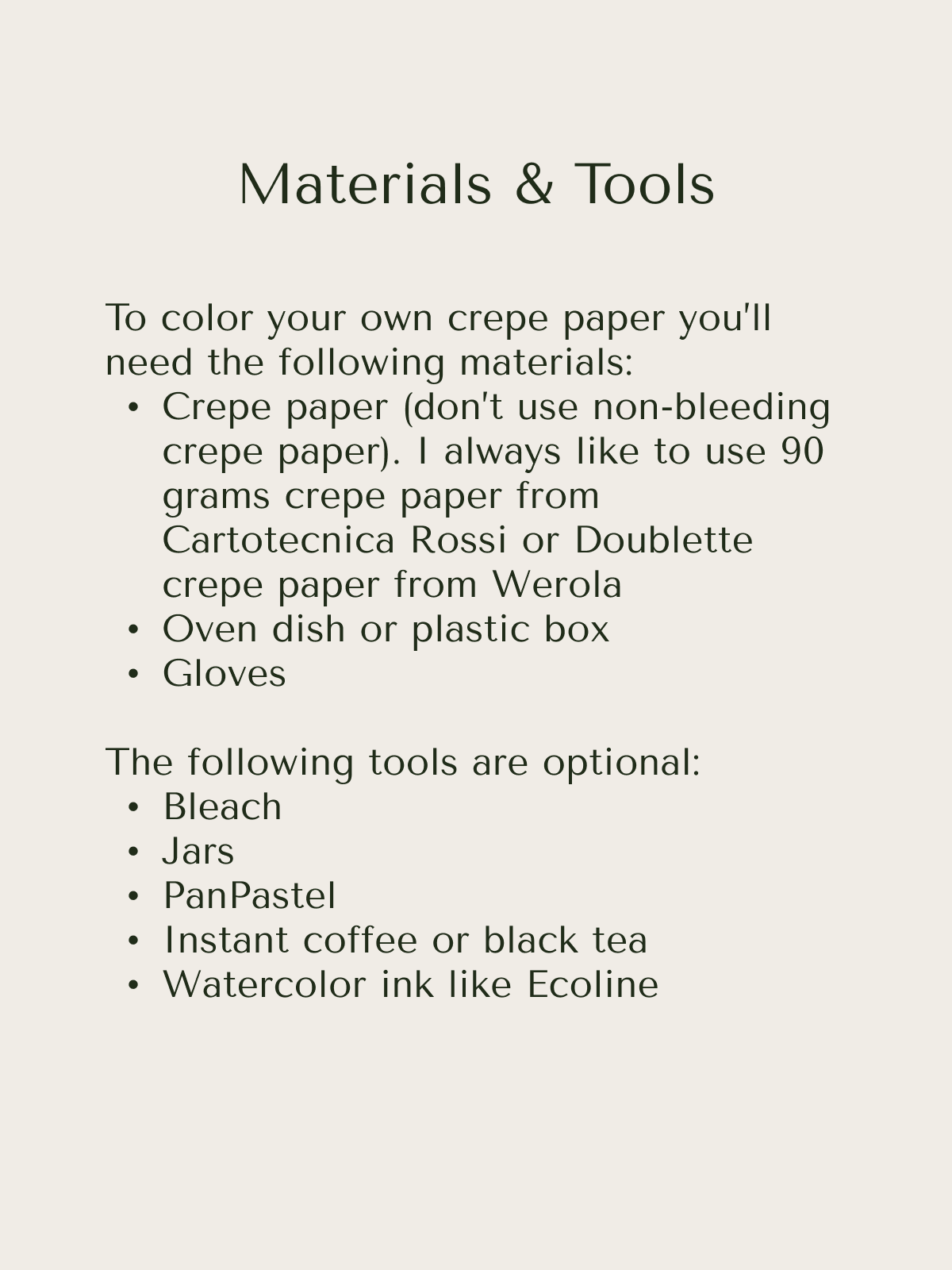 Two lists of materials for the 'Coloring Crepe Paper' tutorial: one list with required tools and materials and one list with optional tools and materials.