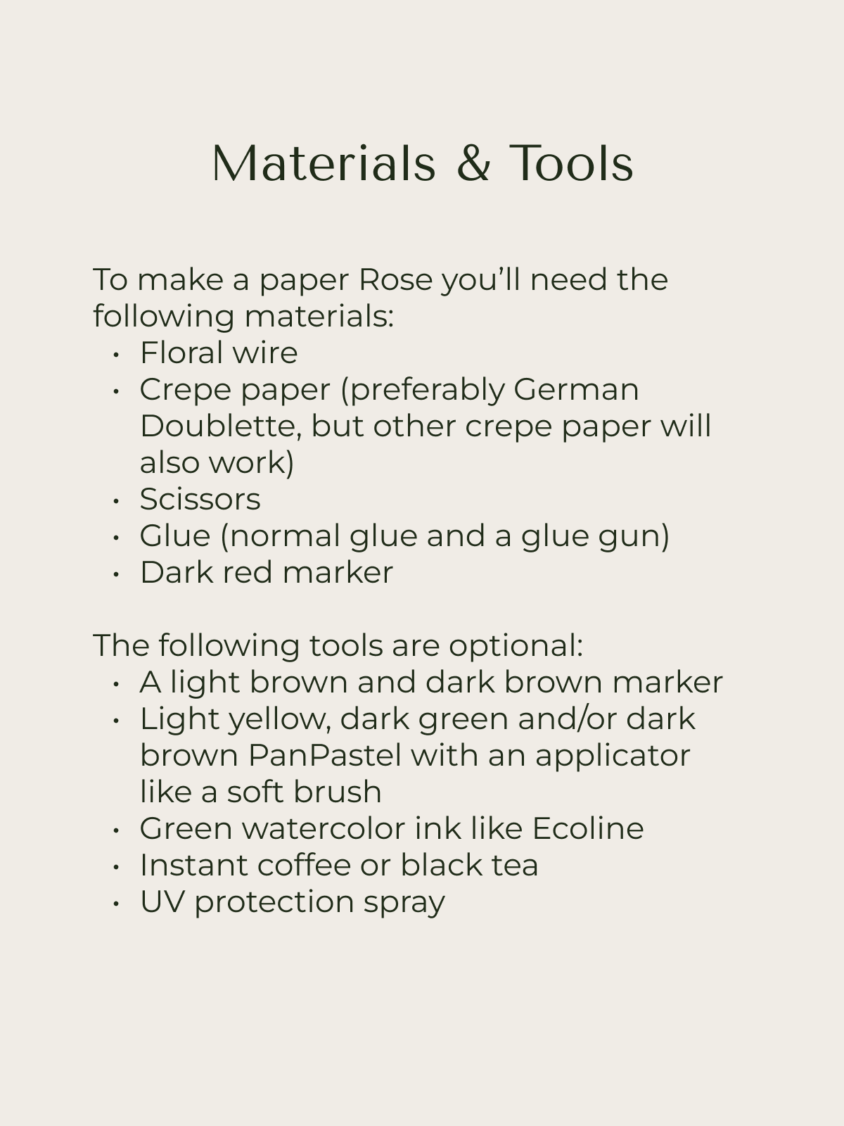Two lists of materials for the paper Rose tutorial: one list with required tools and materials and one list with optional tools and materials.