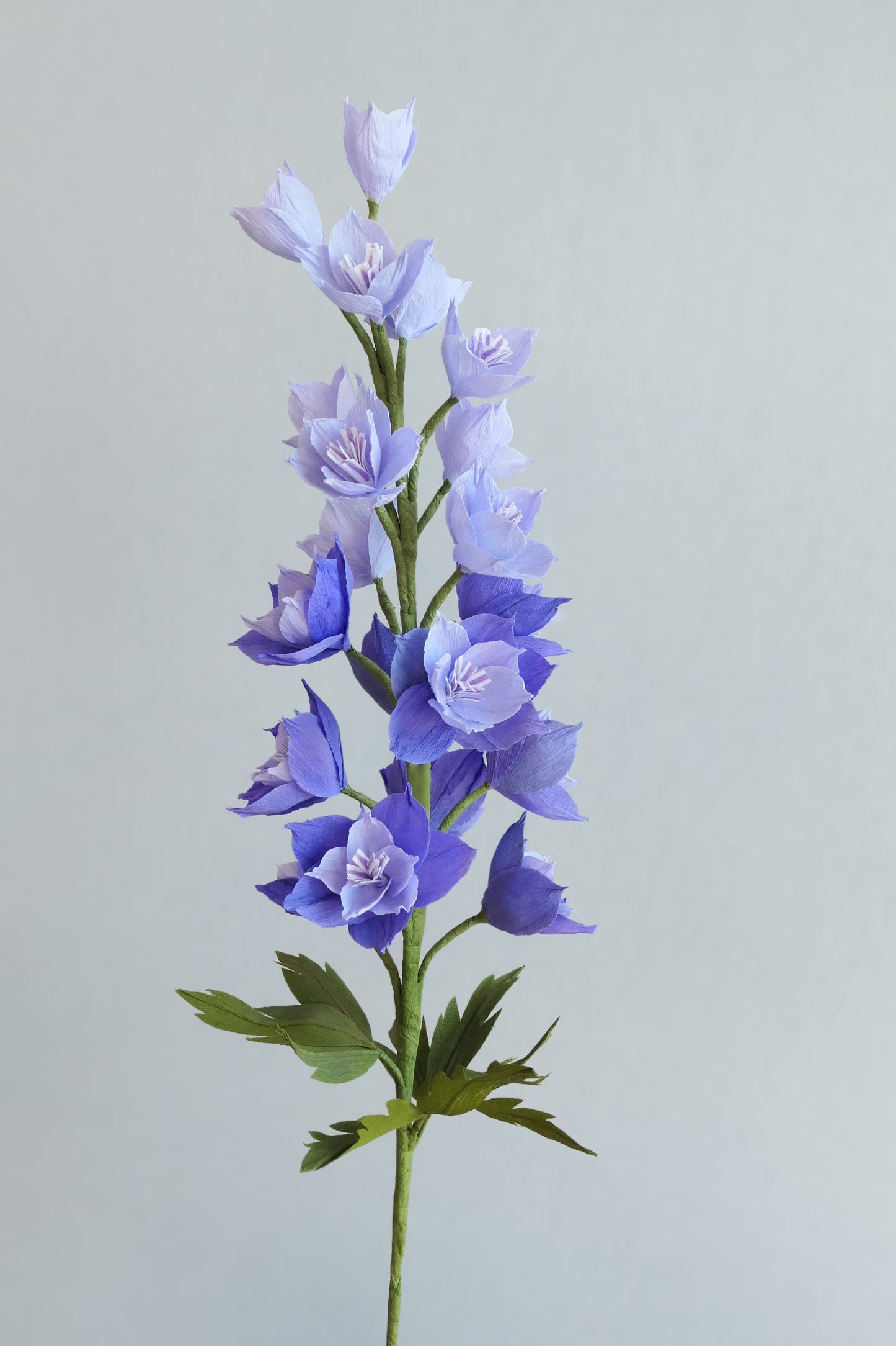One blue-purple Delphinium made of crepe paper.