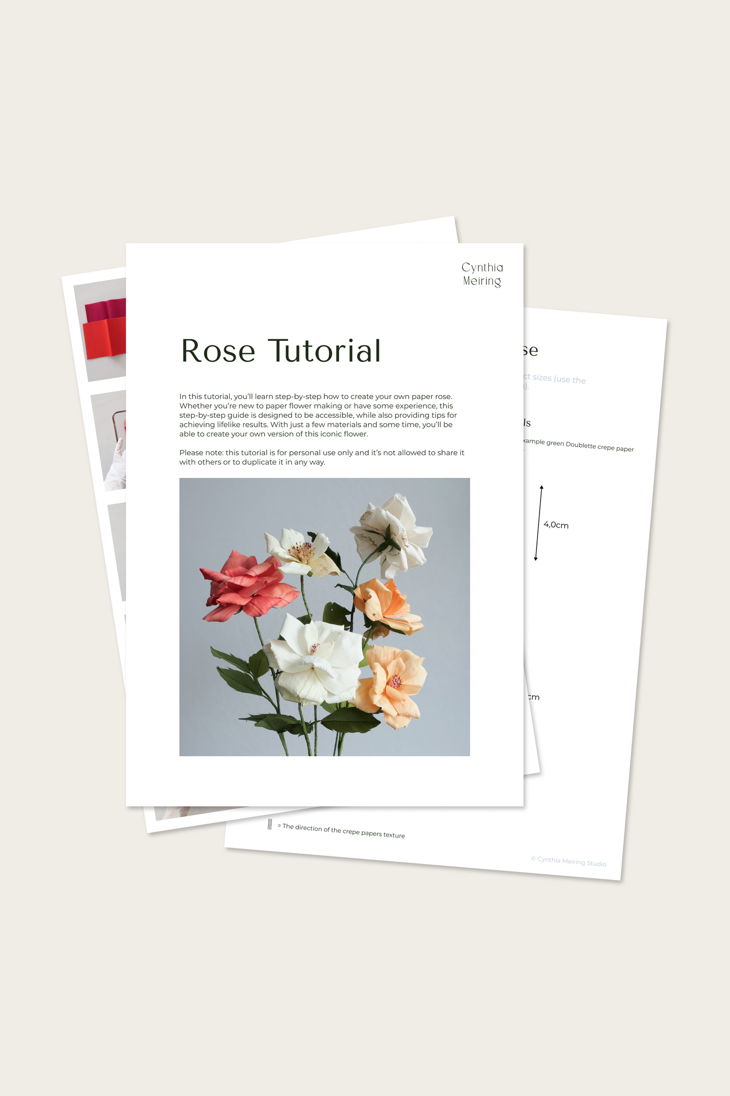 Three pages of the paper Rose tutorial: the front page in the middle with two other pages of the tutorial underneath.