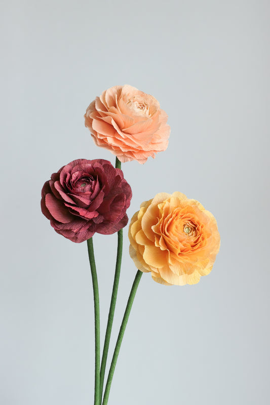 Small bouquet of three paper Ranunculus: two orange and one bordeaux red.