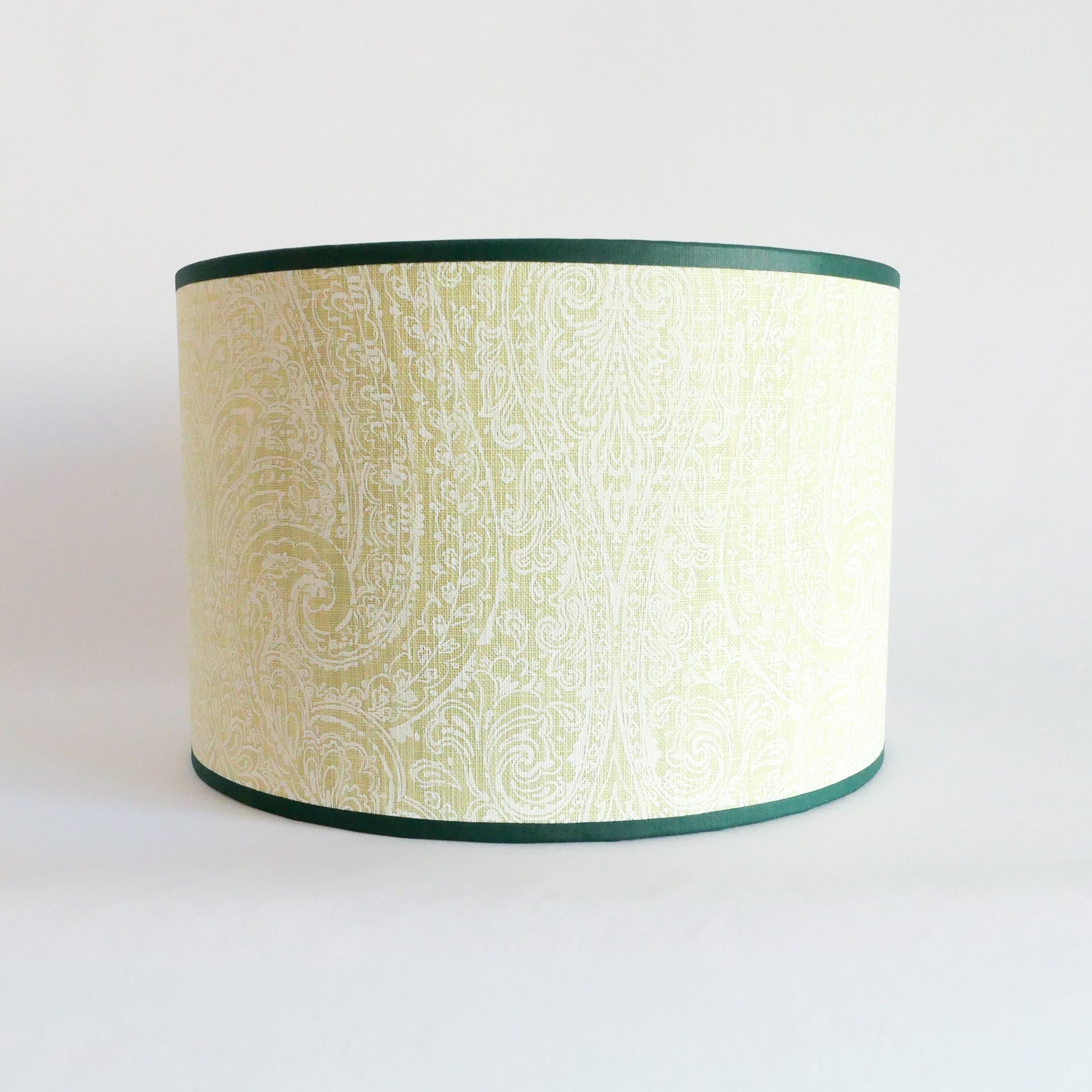 Front view of a lampshade with a light green pattern and a dark green rim