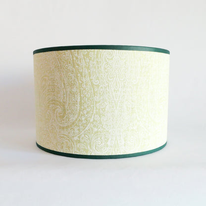 Front view of a lampshade with a light green pattern and a dark green rim