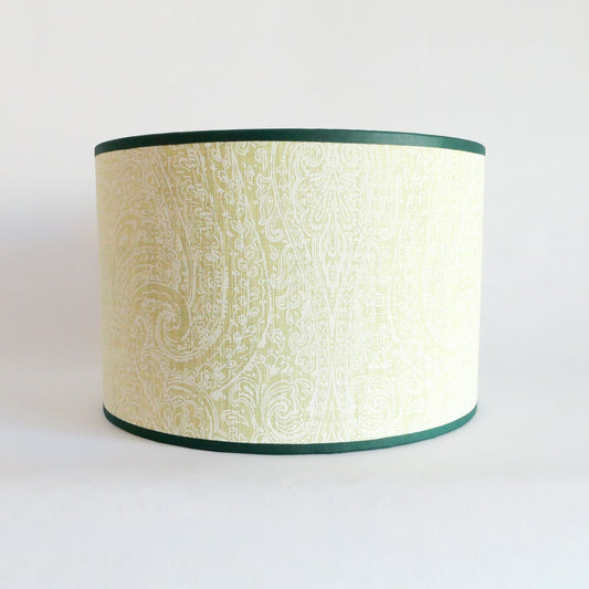 Front view of a lampshade with a light green pattern and a dark green rim