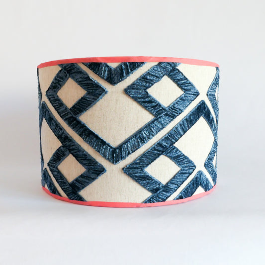 Front view of a lampshade with a geometric pattern and an orange rim.