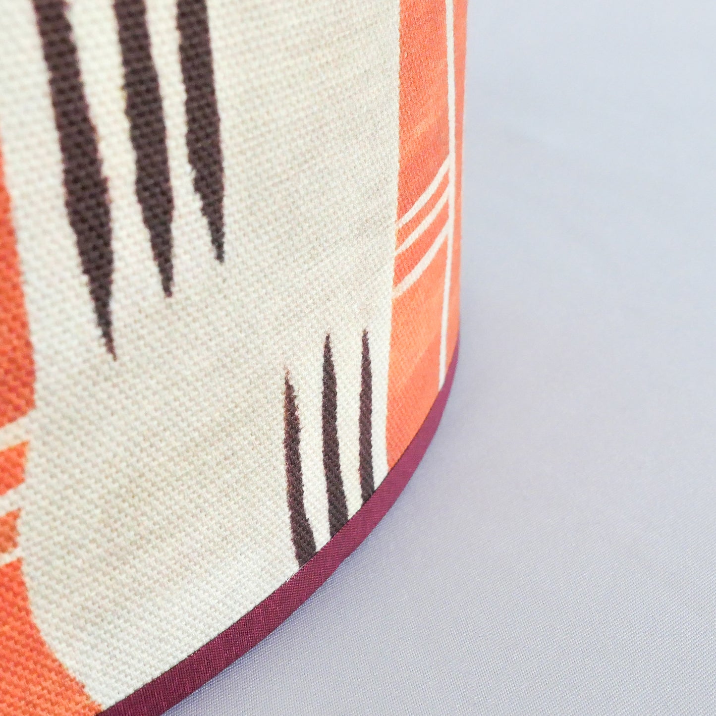 Close up of a lampshade with an African pattern on a white background