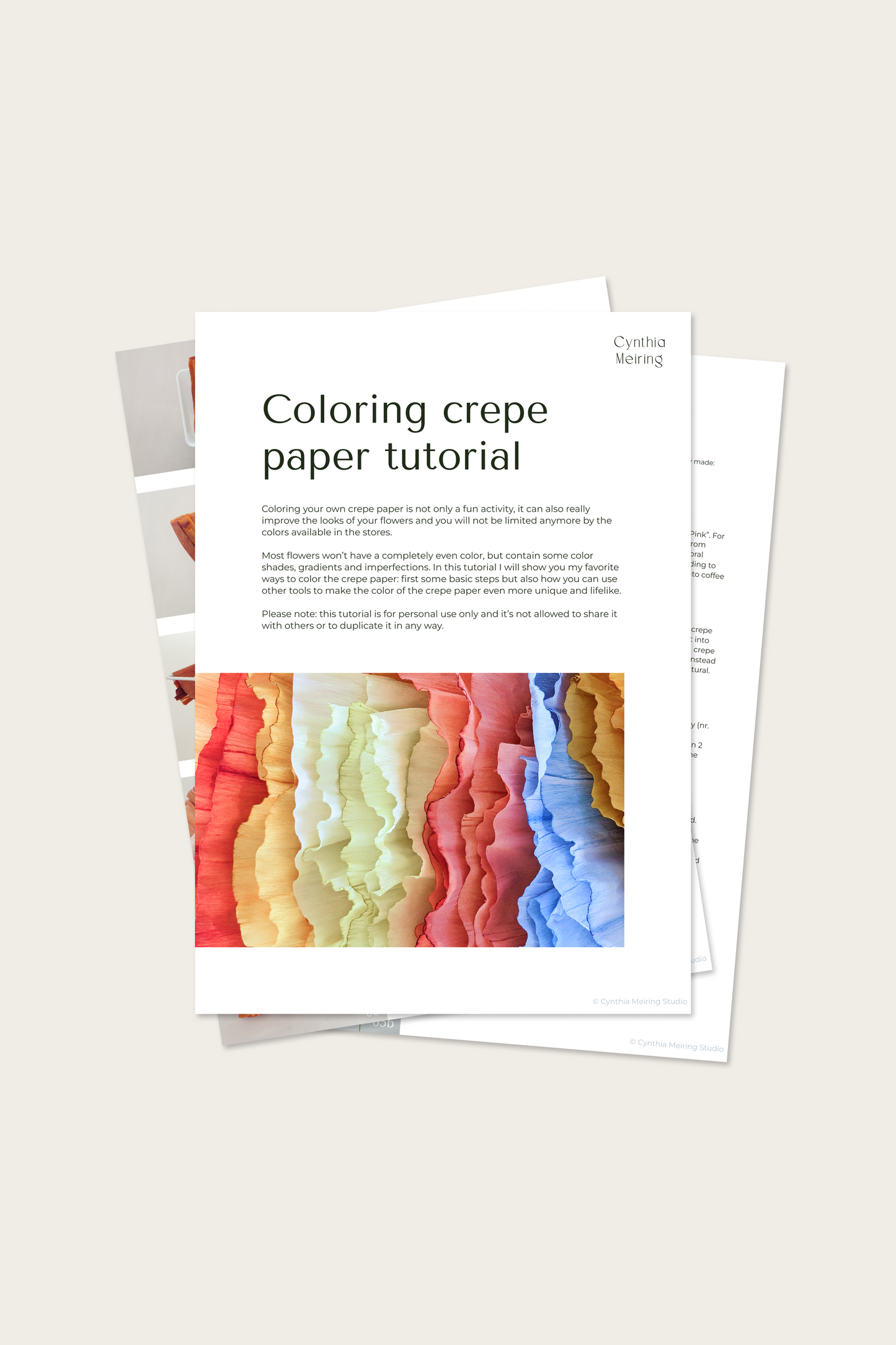 Three pages of the 'Coloring Crepe Paper' tutorial: the front page in the middle with two other pages of the tutorial underneath.